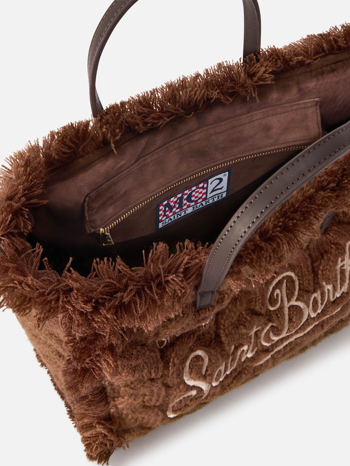 Sac Colette marron avec motif maille torsadée et broderie en lurex 
