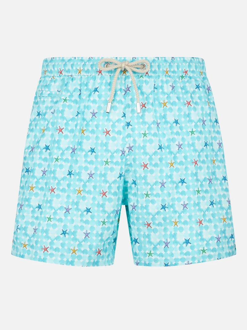 Man stretch fabric comfort swim shorts with sea star print