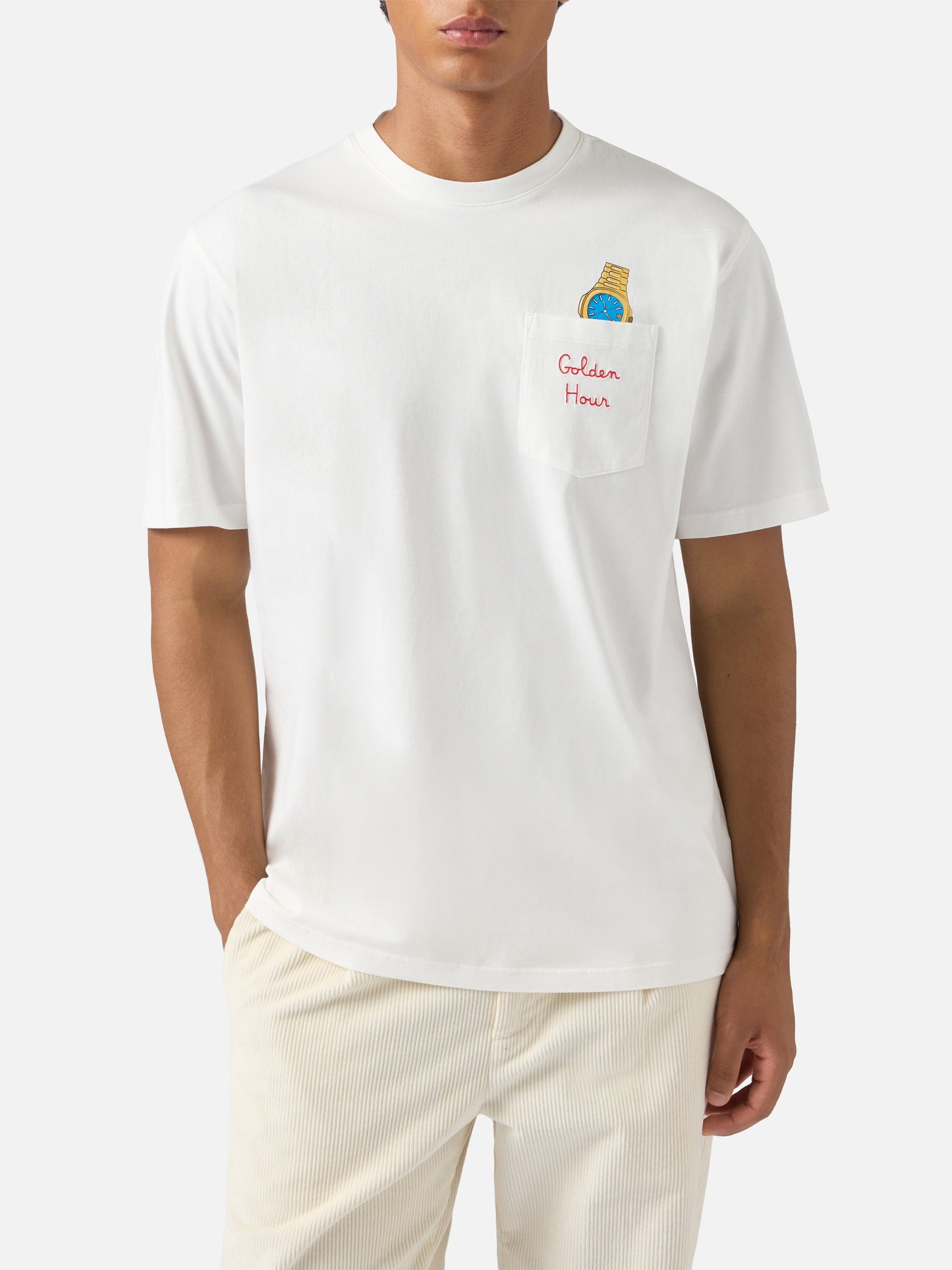 Connor Baumwoll-T-Shirt in Weiß mit goldener Stundenstickerei an der Brusttasche