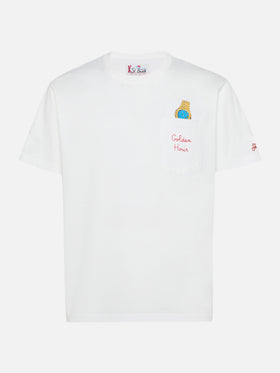 Connor Baumwoll-T-Shirt in Weiß mit goldener Stundenstickerei an der Brusttasche