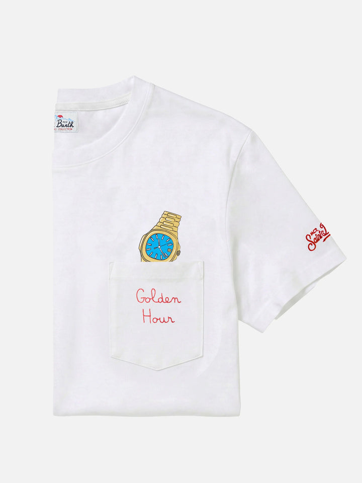 Weißes Baumwoll-T-Shirt Connor mit Golden hour-Taschenstickerei 