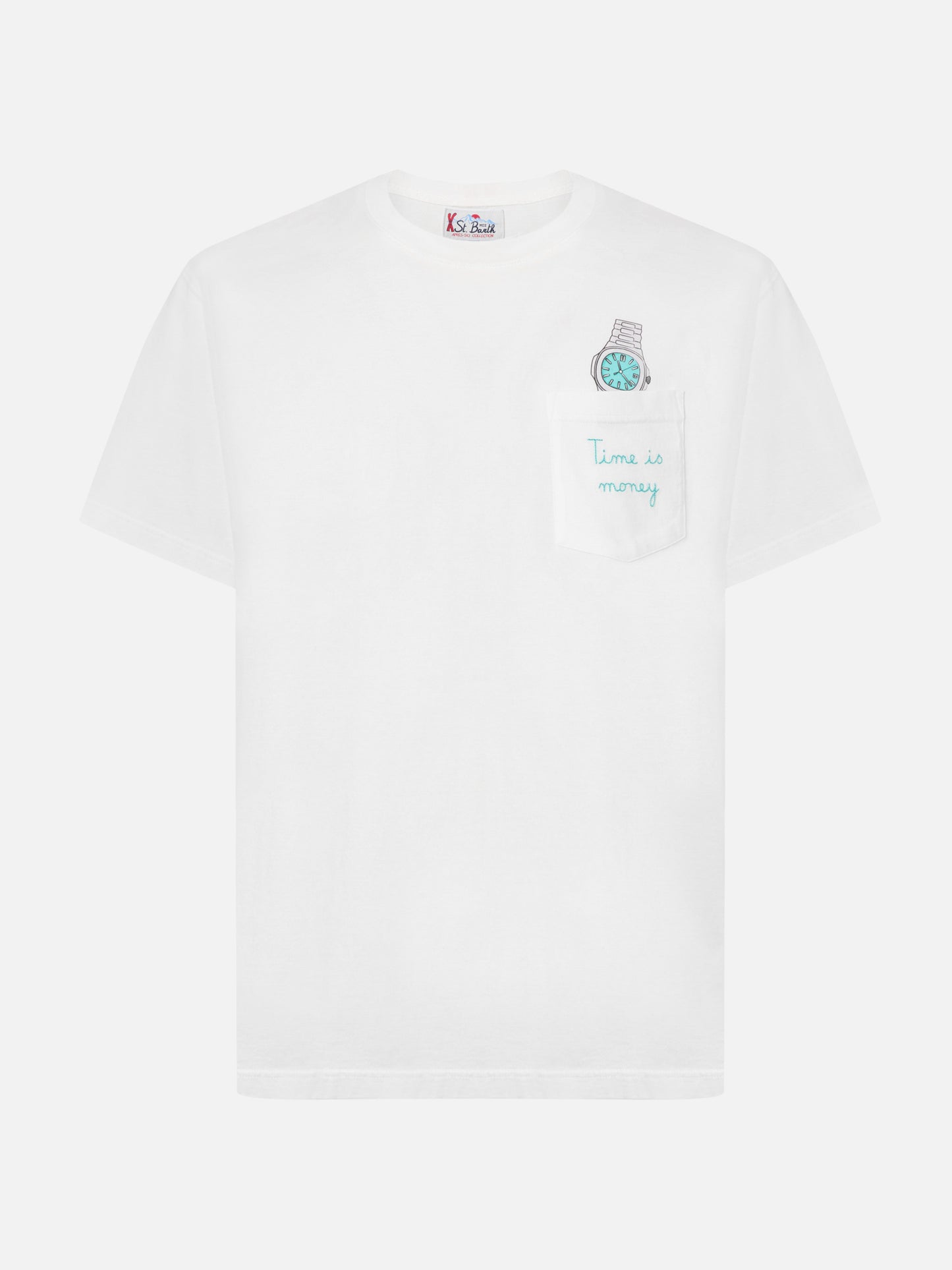 T-shirt Connor in cotone bianco con ricamo sul taschino Time is Money
