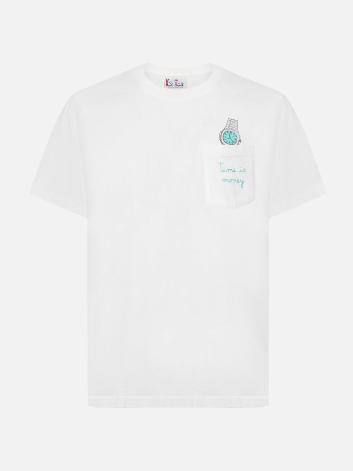T-shirt Connor in cotone bianco con ricamo sul taschino Time is Money