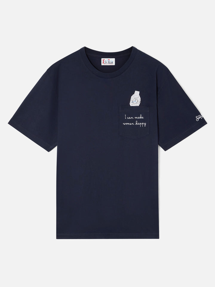 Marineblaues T-Shirt aus blue Connor Baumwolle mit Uhrenprint und Stickerei 