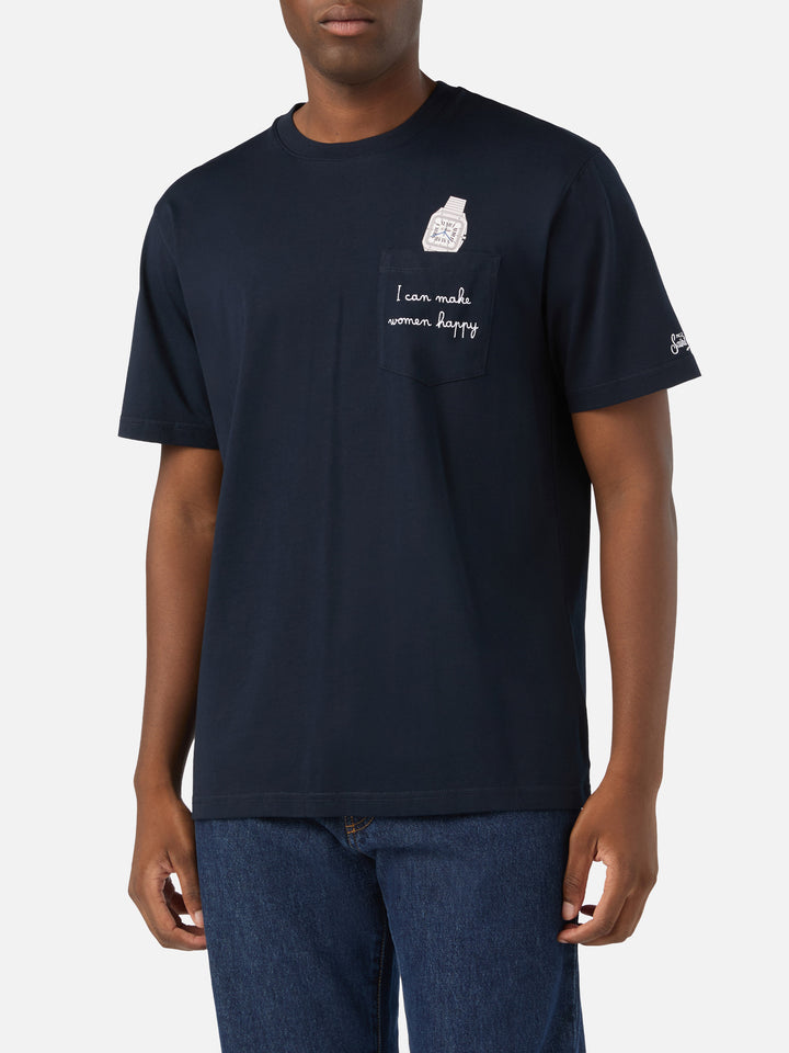 Marineblaues T-Shirt aus blue Connor Baumwolle mit Uhrenprint und Stickerei 