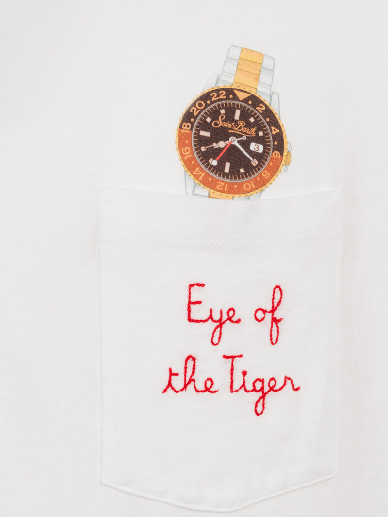 Man white cotton t-shirt Connor with eye of the tiger embroidery