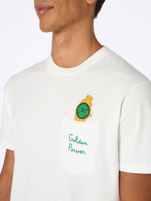 Man white cotton t-shirt Connor with Golden Power embroidery