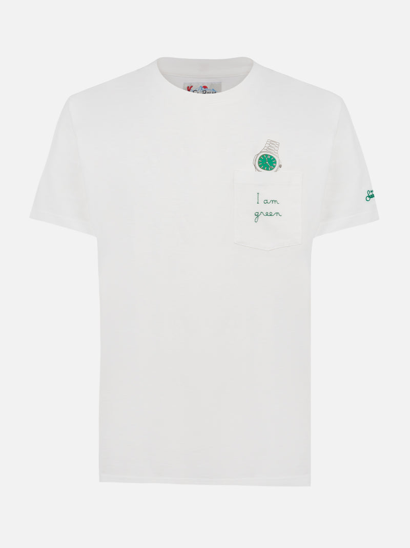 Man white cotton t-shirt Connor with I am green embroidery