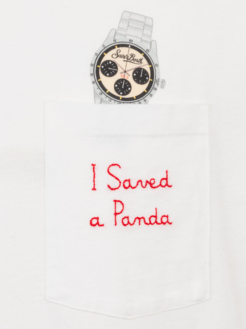 Man white cotton t-shirt Connor with I saved a panda embroidery