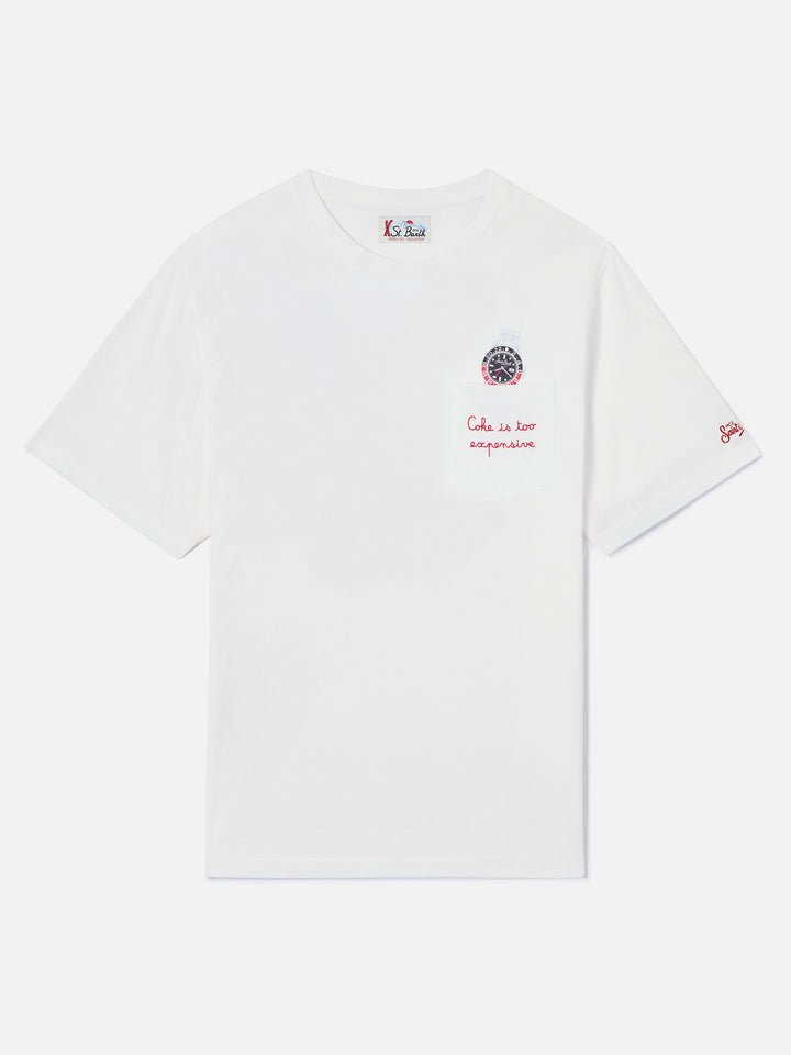 White Connor cotton t-shirt with watch print and Cara Ho Un Expensive embroidery