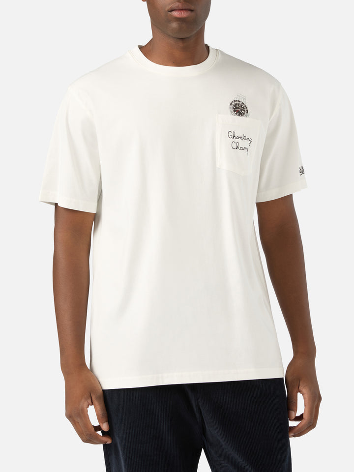 Weißes T-Shirt aus Connor Baumwolle mit Uhren-Print und Ghosting Champ-Stickerei 