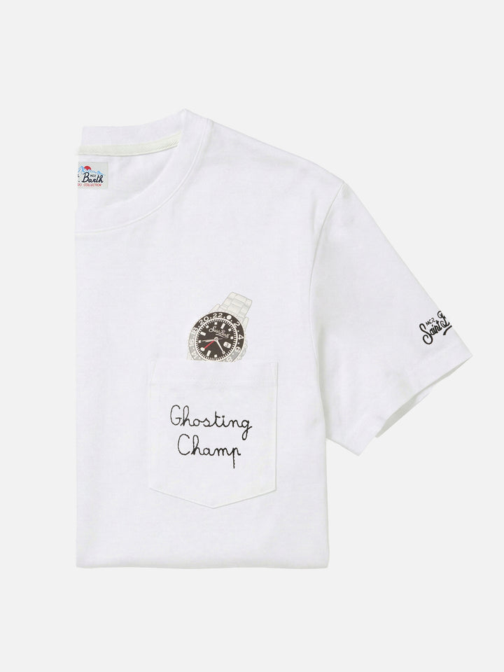 Weißes T-Shirt aus Connor Baumwolle mit Uhren-Print und Ghosting Champ-Stickerei 