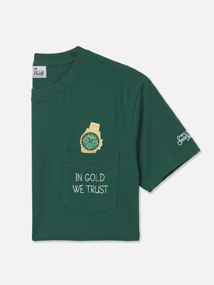 Connor pocket t-shirt in green with In Gold We Trust embroidery