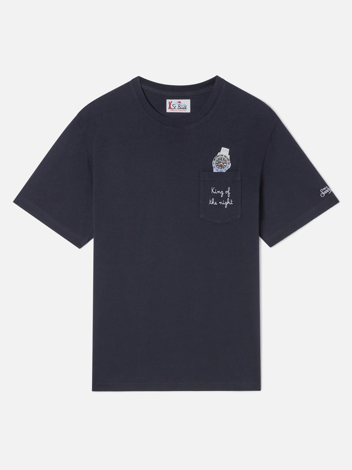 Navy blue Connor organic cotton t-shirt with watch print and King Of The Night embroidery