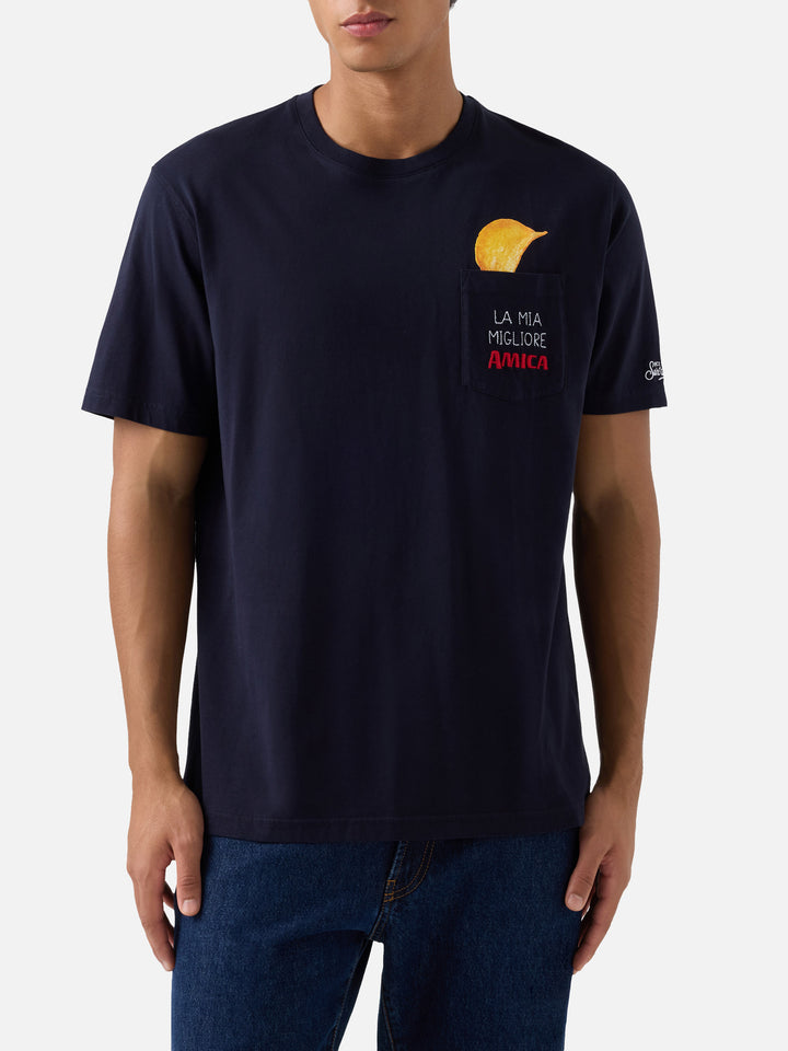 T-shirt Connor blu navy in cotone organico con stampa e ricamo Amica Chips | Special edition
