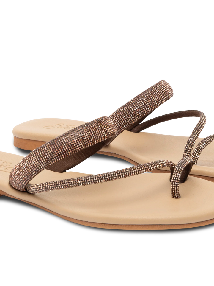 Cora flat Sandals with toe ring and brown rhinestones