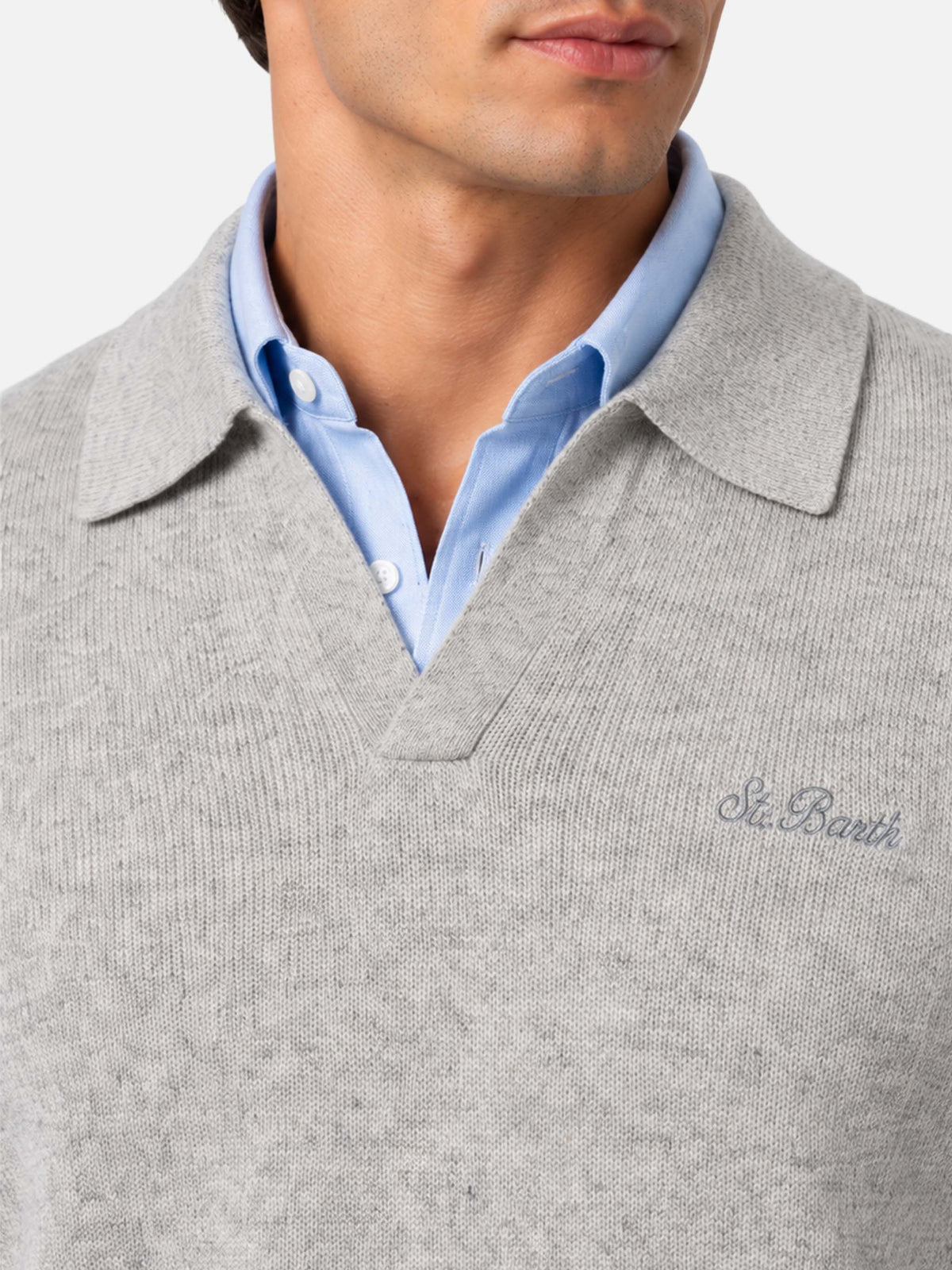 Light grey melange Covent long sleeve knitted polo