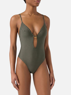 Crunchy one-piece swimsuit in military green glossy finish with charms