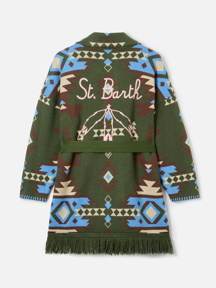 Cardigan Cristabel verde militare con cintura e stampa etnica