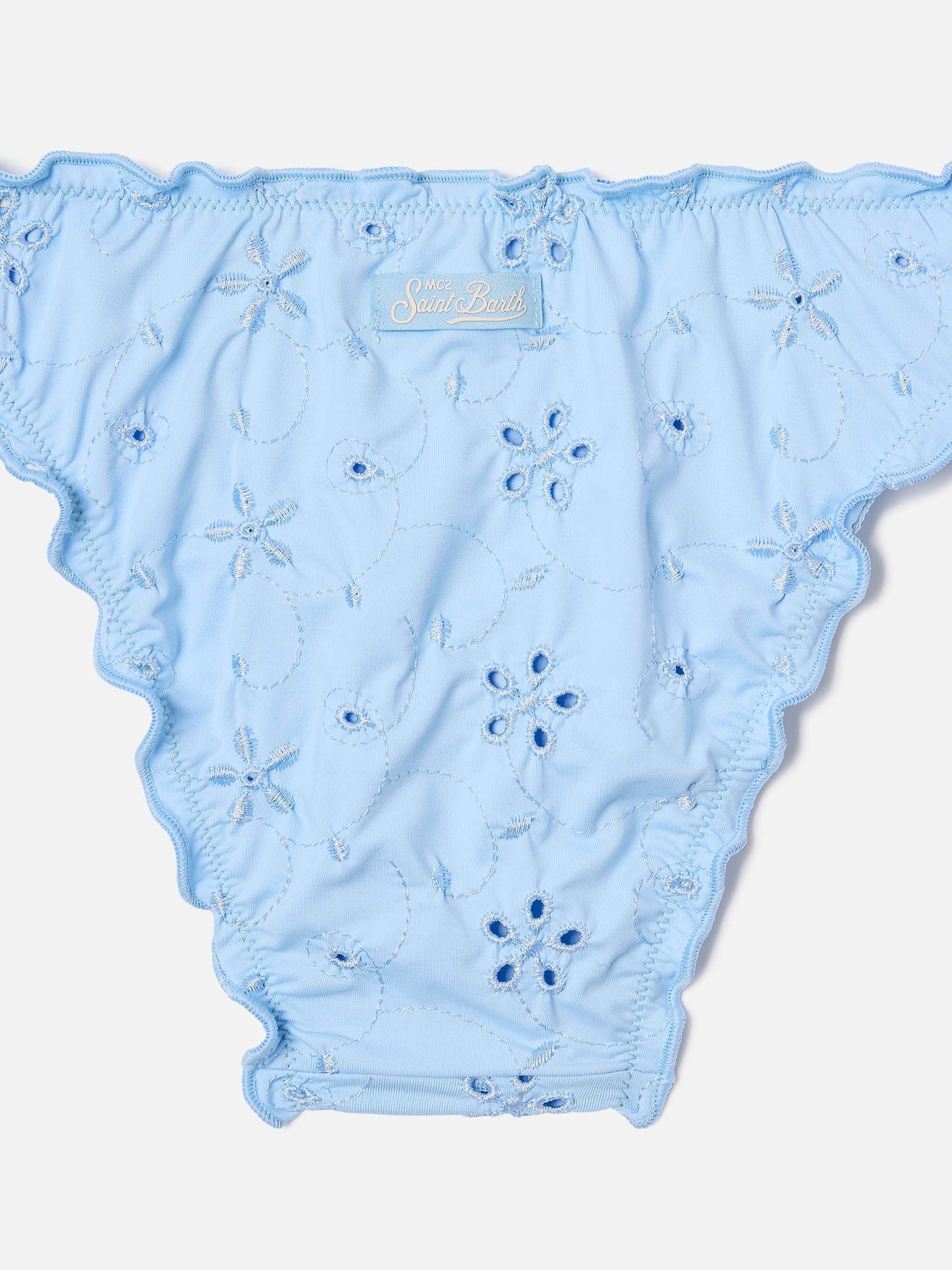 Slip de baño Cric azul claro de sangallo con bordado floral 
