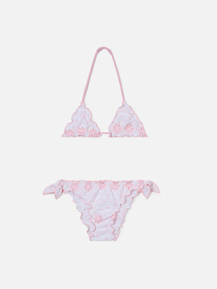 Bikini Cris in tessuto sangallo bianco con ricamo rosa