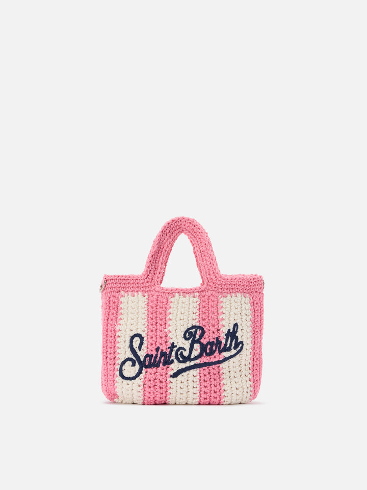 Borsa Crochet Mini a righe rosa con logo ricamato