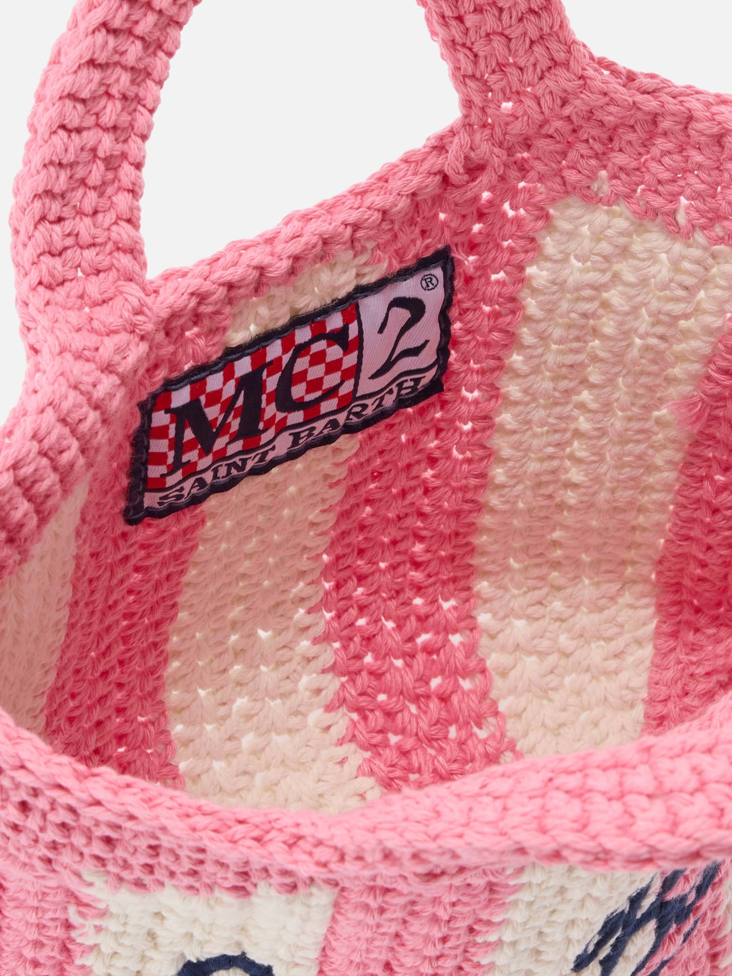 Crochet Mini bag with pink striped pattern and embroidered logo