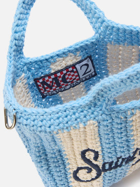 Crochet Mini bag with light blue striped pattern and embroidered logo