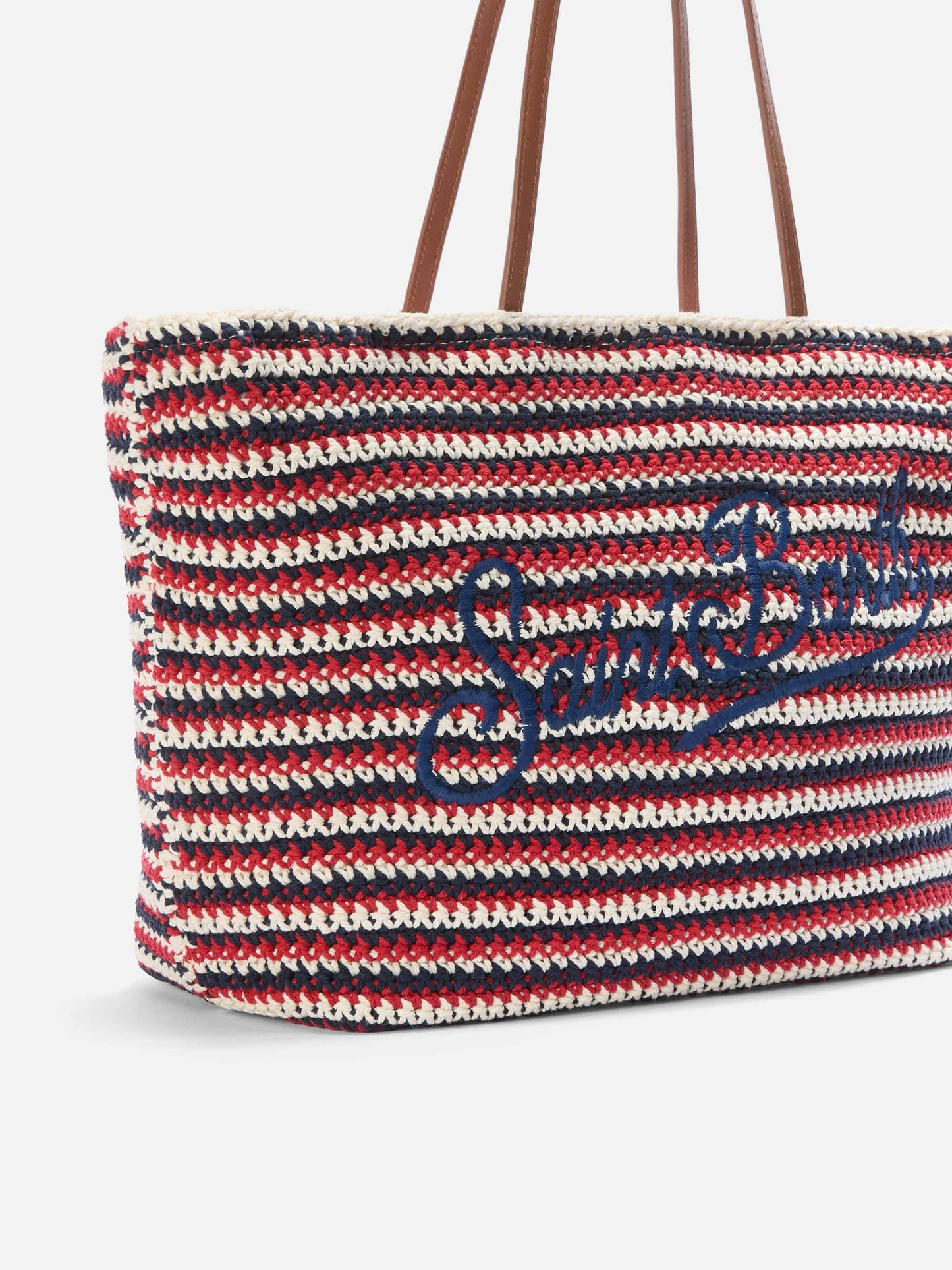 Crochet Tote bag in blue and red stripes with embroidered logo