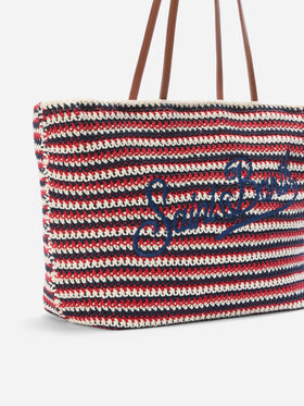 Crochet Tote bag in blue and red stripes with embroidered logo