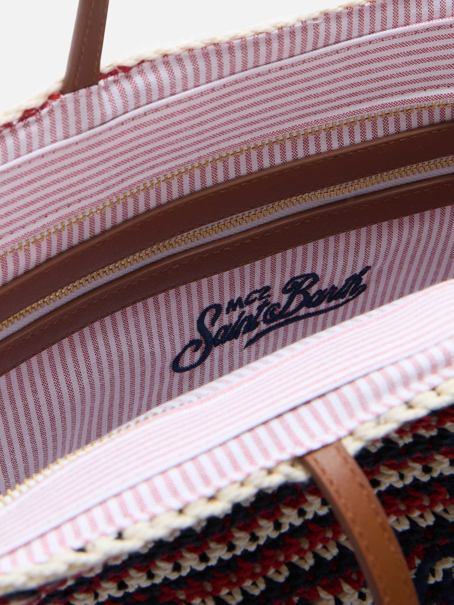 Crochet Tote bag in blue and red stripes with embroidered logo