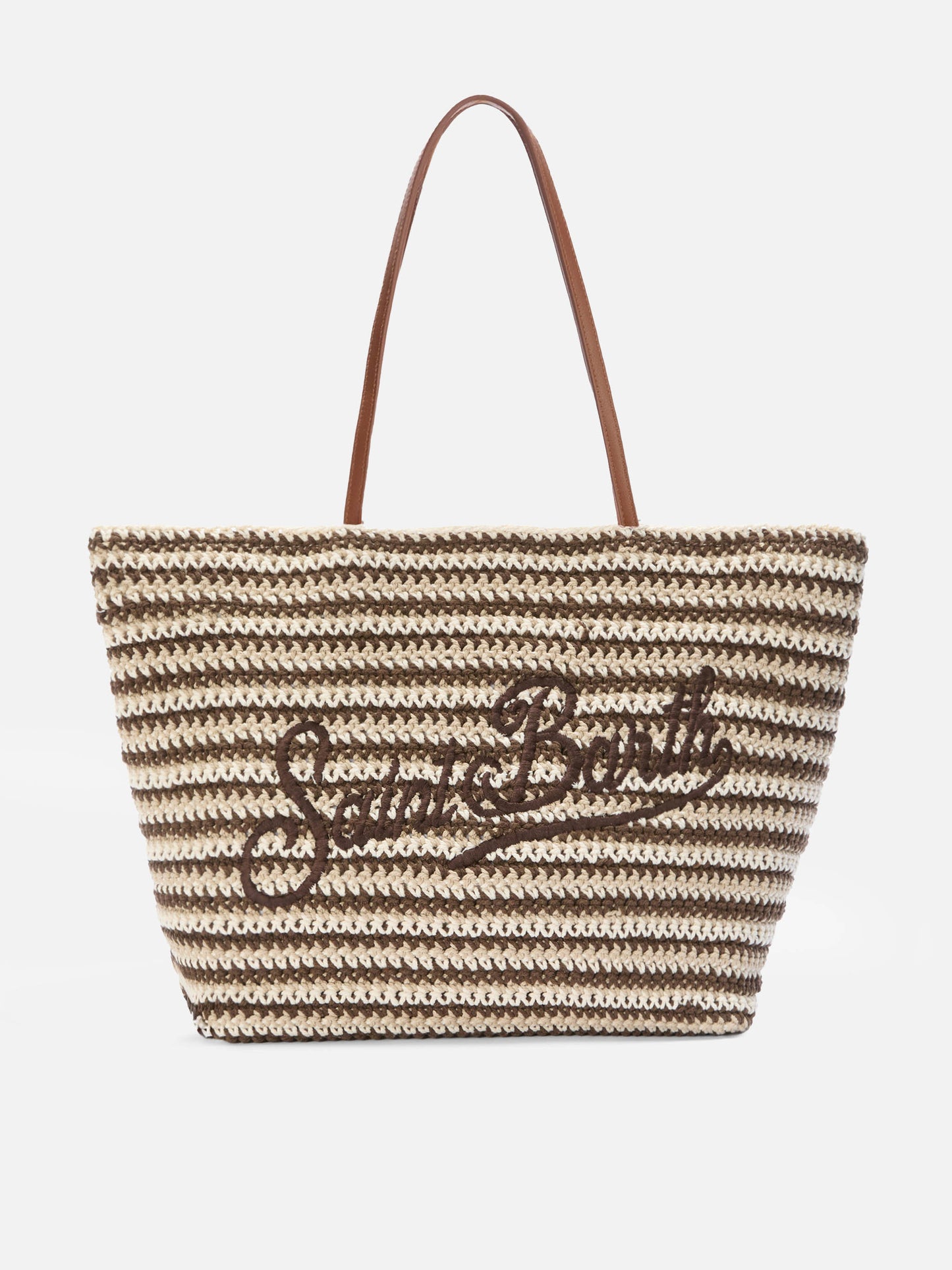 Crochet Tote bag in beige and brown stripes with embroidered logo