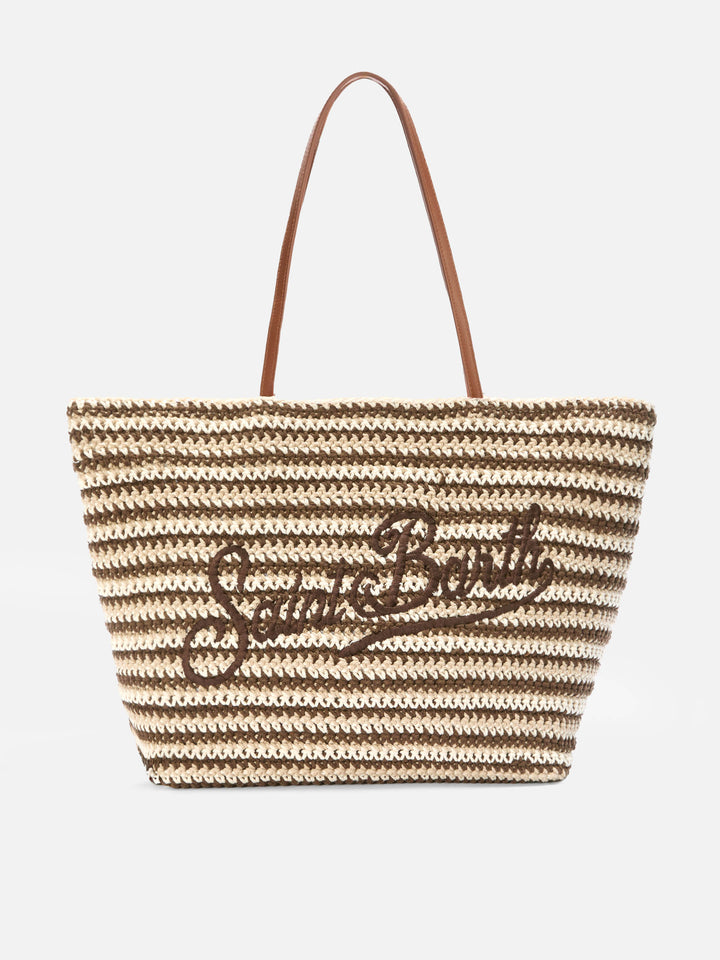 Crochet Tote bag in beige and brown stripes with embroidered logo