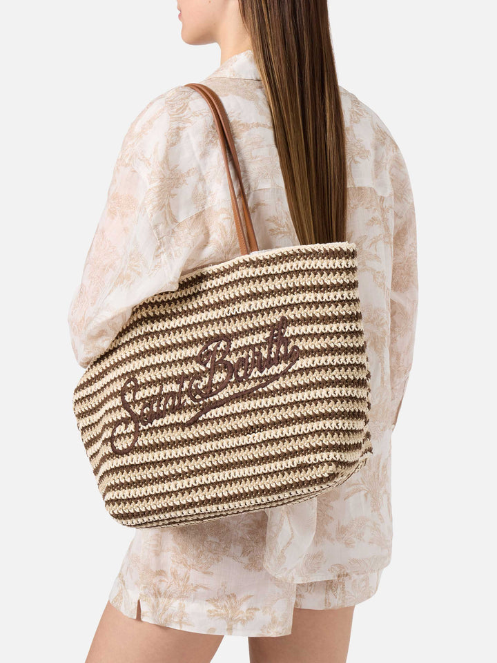Crochet Tote bag in beige and brown stripes with embroidered logo
