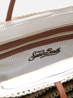 Crochet Tote bag in beige and brown stripes with embroidered logo