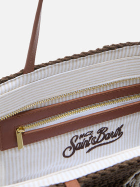 Crochet Tote medium brown bag with embroidered logo