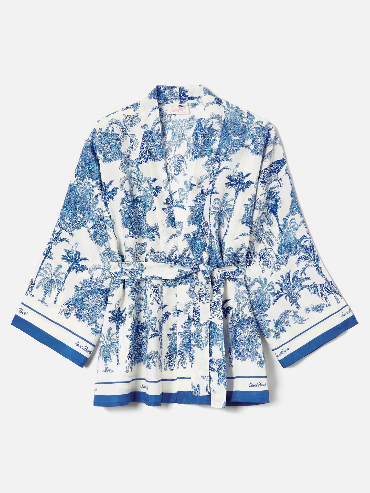 Kimono corto Carly in seta con stampa toile de Jouy