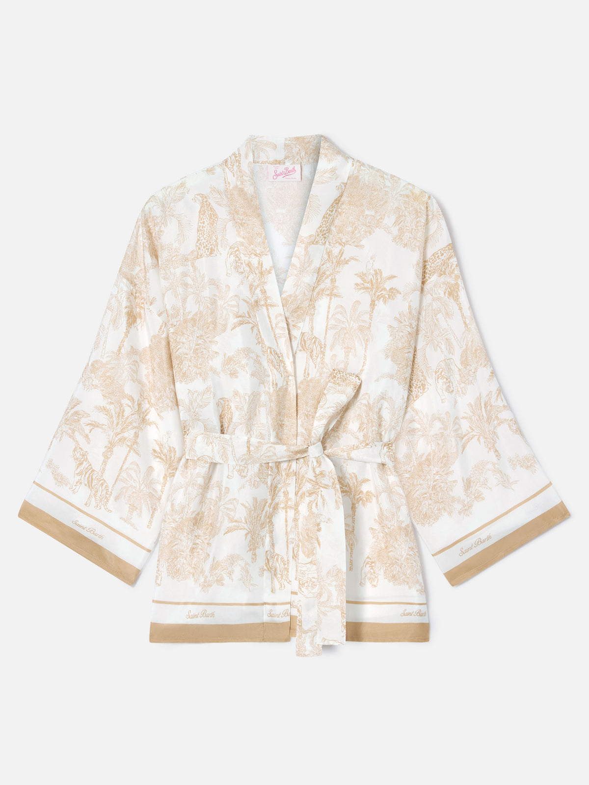 Kimono court Carly en soie avec imprimé toile de Jouy 