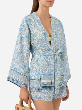 Kimono court Carly en soie avec imprimé batik floral 