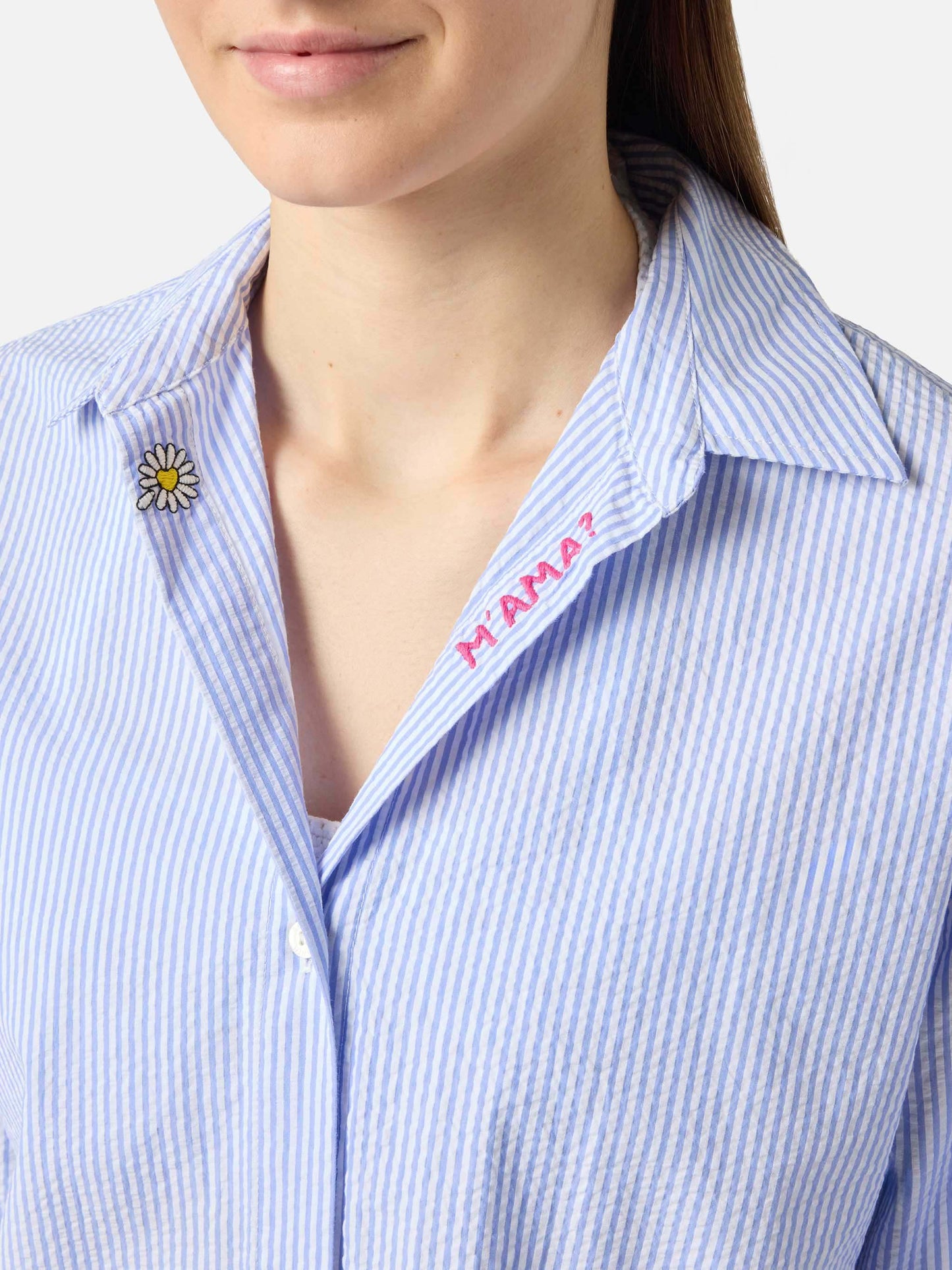 Light blue striped seersucker Cristal shirt with embroidery