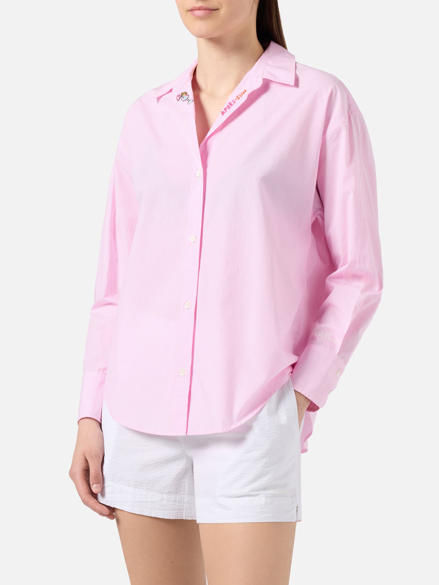 Pink striped cotton poplin Cristal shirt with embroidery