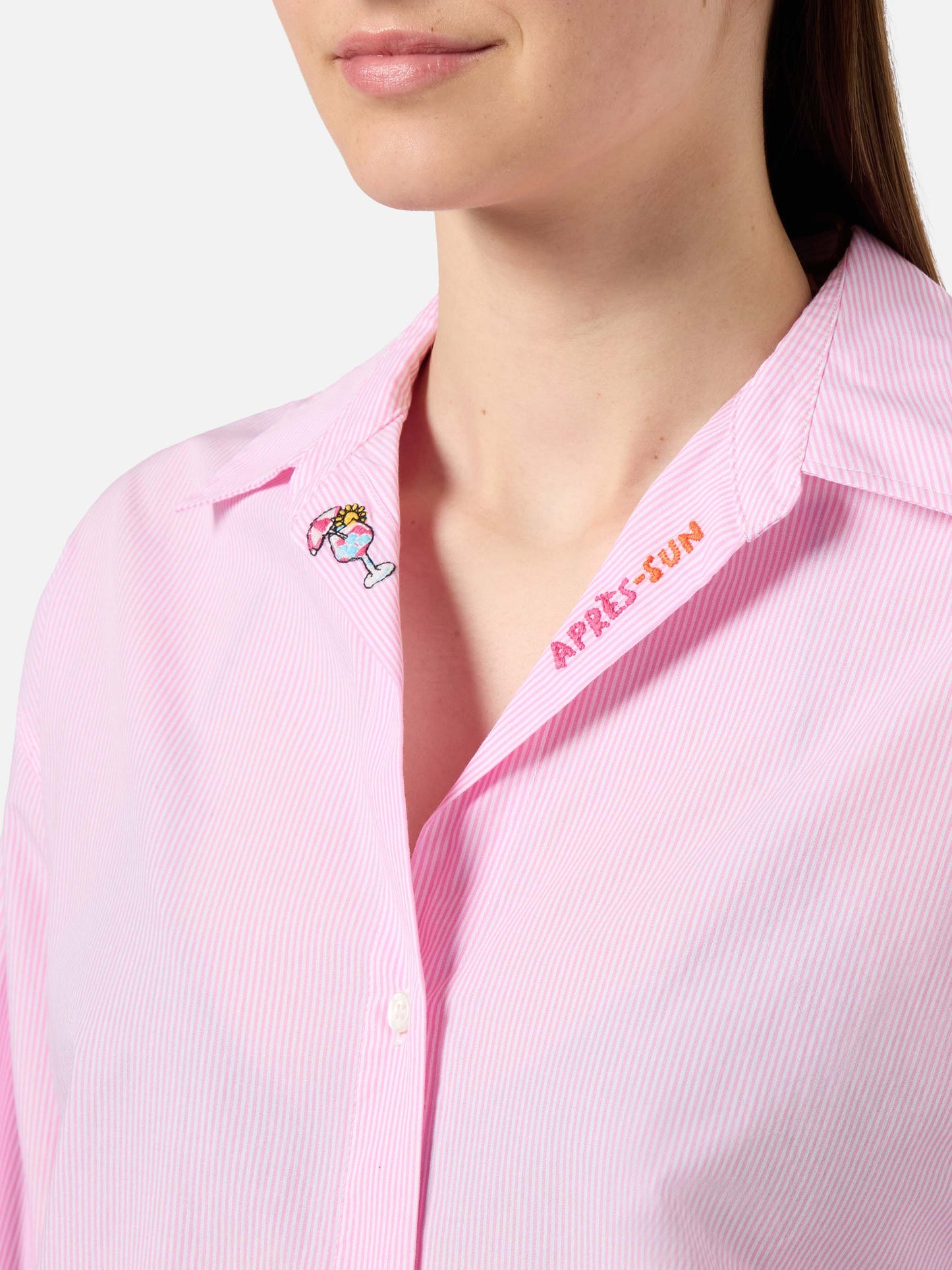 Pink striped cotton poplin Cristal shirt with embroidery