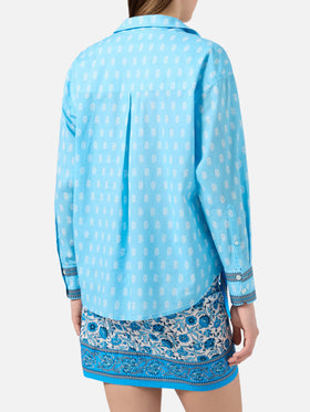Light blue cotton voile Cristal shirt with paisley print