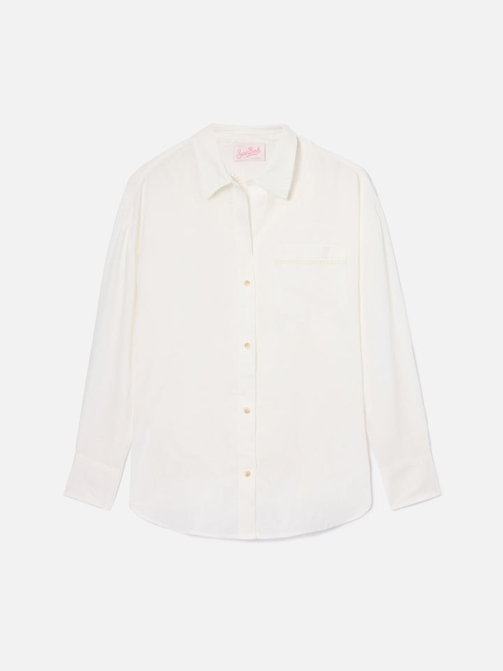 Camicia Cristal in lino bianco con ricamo Saint Barth traforato