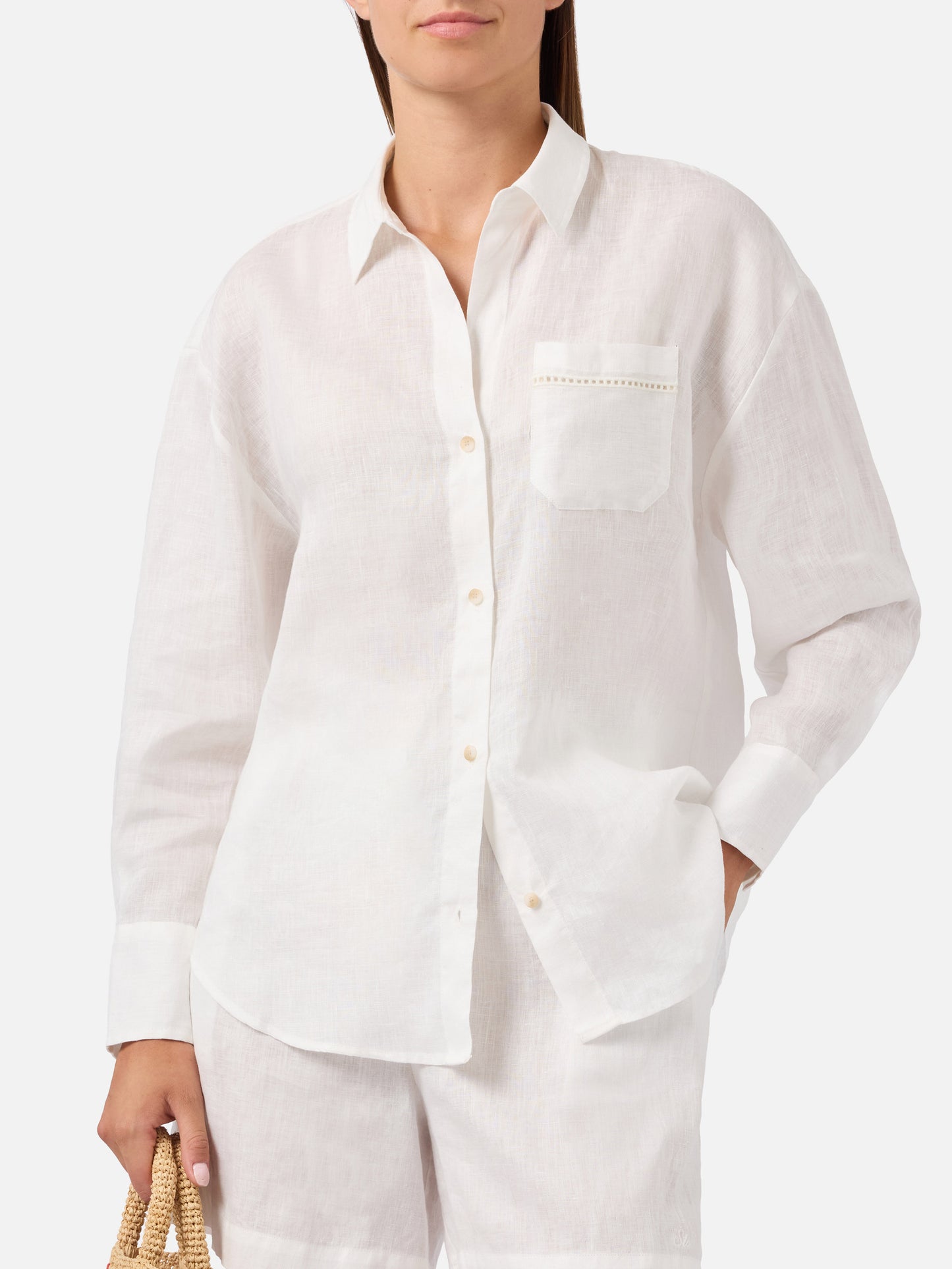 White linen Cristal shirt with perforated Saint Barth embroidery