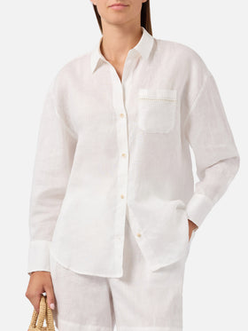 White linen Cristal shirt with perforated Saint Barth embroidery