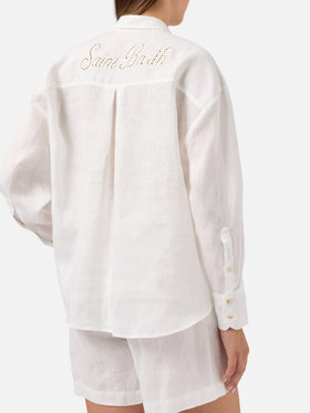 White linen Cristal shirt with perforated Saint Barth embroidery