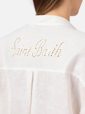 White linen Cristal shirt with perforated Saint Barth embroidery