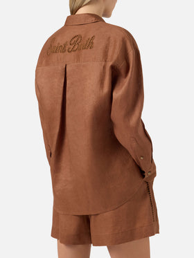 Brown linen Cristal shirt with perforated Saint Barth embroidery