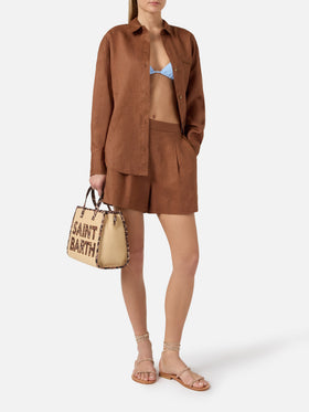 Brown linen Cristal shirt with perforated Saint Barth embroidery